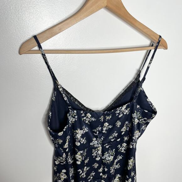 Kenzie Francescas Women Satin Floral Midi Slip Dress Medium Navy Lace Side Slit - Picture 9 of 13
